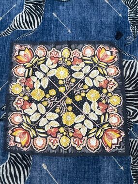 Hand-Printed Floral Bandana Scarf in Black, Yellow & Orange-Red